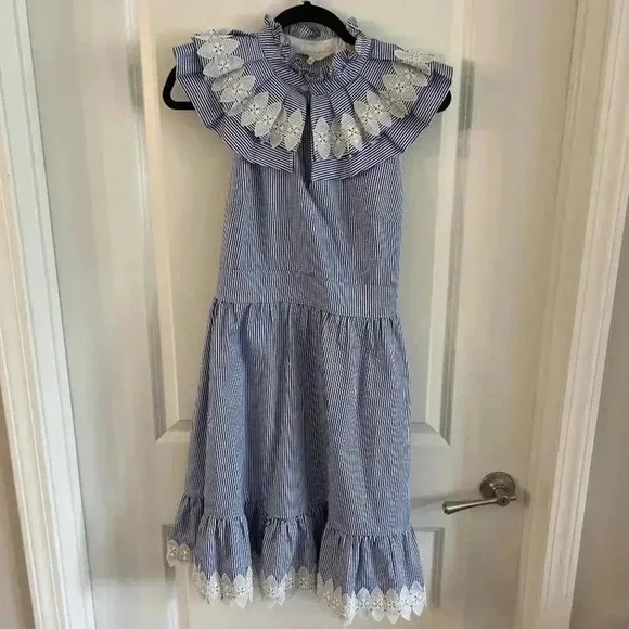 809 Ted Baker stripped blue white lace detail midi dress size 4 - Picture 8 of 14